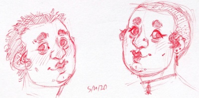 Two portraits of Opal, one she has very short hair and bags under her eyes, looking tired. One her head is shaved, and she has makeup on and piercings in.