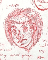 Red pen sketch of a girl with a red bob, looking a little disgruntled.