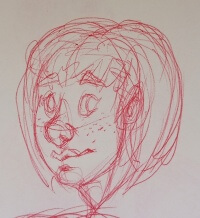 Pen sketch of a girl with a bob smiling.