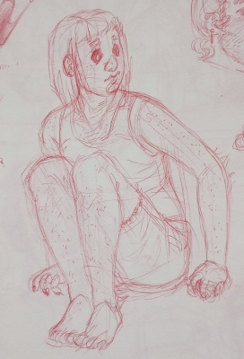 Red pen sketch of Cinnamon sitting with her knees folded up tp her chest.