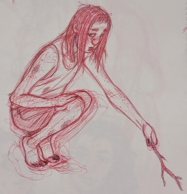 Cinnamon crouched down, poking at something with a stick.