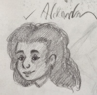 pencil sketch of a woman's head and shoulders. She has a neutral expression, and long fluffy hair.