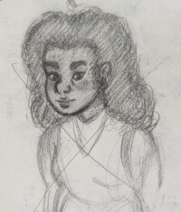 another pencil sketch of the same woman, but with slightly altered features. Her eyes are more angled, her nose has less long of a bridge, and her skin is shaded a little darker. Her upper body is just guidelines.