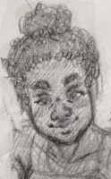 pencil sketch of a woman looking into the camera with a smile. Her hair is noticably more curly and in a bun.