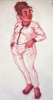 Full body red pen drawing of Gabrille in a pale button up with little flowers and black cuffs and collar. She is also wearing pale dress pants and black flats.