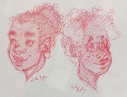 red pen sketch portraits of Gabrielle and Laila.