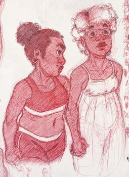 red and black pen sketch of Gabrielle and Laila holding hands while walking. Laila is wearing a sun dress looking into the distance as Gabrille looks fondly at her. Gabrielle is wearing a sports bra and shorts.