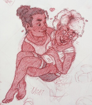 red and black pen sketch of Gabrielle holding Laila who is laughing.