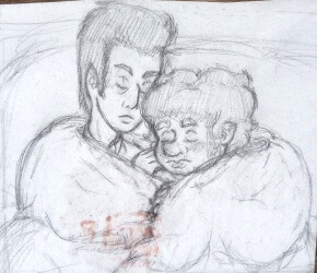 Pencil sketch of Mark and Luther cuddling on the couch under a blanket.