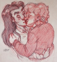 Red and black pen sketch of Mark and Lazaro kissing. Lazaro has long hair and is wearing a white dress shirt, while Mark is wearing a red sweater.
