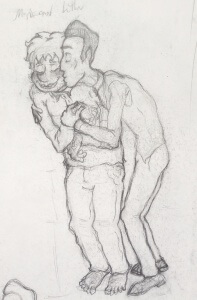 Luther leaning down over Mark to kiss his cheek.