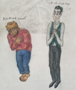 Colored reference of Mark and Luther. Mark is again hunched nerviously, wearing blue jeans and a red shirt with yellow stripes. Luther has his hands clasped together infront of him and is looking at Mark fondly. He is wearing a pale green dress shirt, black dress pants, dress shoes, and a dark green vest. The coloring is rough and smudged.