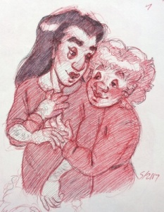 Red and black pen sketch of Mark hugging Lazaro from behind.