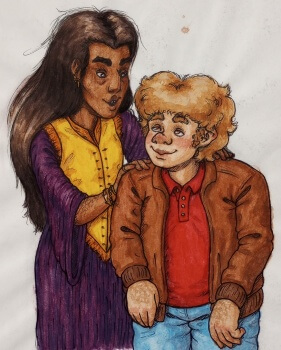 Luther talking to Mark from behind, holding his shoulders. He has dark tan skin and long black hair, wearing a dark purple flowing robe with a fancy yellow vest over it. Mark is wearing his usual red shirt and blue jeans, but with a sturdy brown coat overtop.