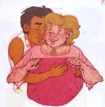 Colored drawing of Lazaro tenderly hugging Mark from behind, Mark looks pleasantly suprised. Mark is wearing a dark magenta top with sheer elbow length sleaves.