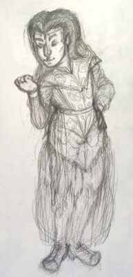 full body pencil sketch of a Luther looking at his nails, wearing a long robe with stiff sections decorated with embroidery.