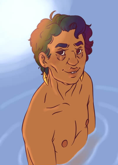 Colored digital drawing of Lazaro standing in water, with his face and chest visible. It is at an angle and he is looking up at the viewer with a smile. A sunflare leaves a rainbow over his hair.
