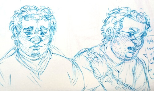 Two portraits of Mark, one where he is looking down, mulling over something he can't understand. The other shows him looking to the side, still with a furrowed brow, saying something as he holds his own shoulder.