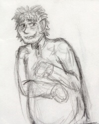 Upper body pencil sketch of Mark smiling nervously. His hair is still spikey, but he is wearing a long sleave shirt with a three button collar. He also looks a little more visibly chubby.