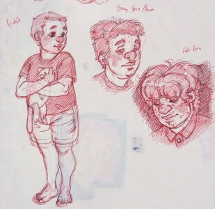 Red and black drawings of Mark. One is a full body of him as a young kid with wide eyes, holding a stuffed animal and wearing a t shirt and shorts. The others are head shots of him as a teen. One he is a young teen with short hair looking discouraged. The last he is an older teen with acne and grown out hair that almost hides his eyes as he looks down. of Lazaro with a subtle undercut, the short sides a little grown out.