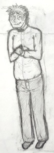full body pencil sketch of Mark standing nervously, with his hands held up to his chest and his eyes looking to the side. He has short spikey hair, a white dress shirt tucked into slacks, and a bow tie. He is a little chubby, but my style at the time does not show it well.