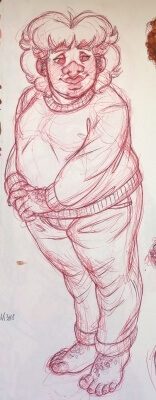 Pen line sketch of Mark standing in a sweater and jeans. He's holding his hands infront of himself and looking to the side again.