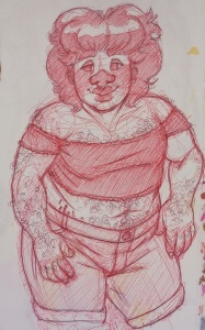 Mark casually resting his arm against something as he stands with a pleasant smile. He is wearing a little crop top with frilled edges, and cuffed jean shorts. His arms, chest, and stomach are very hairy.