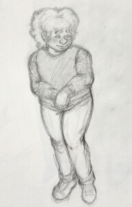 Pencil sketch of Mark holding his hands infront of himself and looking down shyly. He is wearing blue jeans and a sweater.