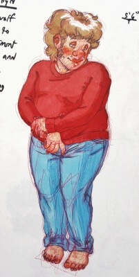Colored drawing of Mark in a red sweater and blue jeans, looking to the side  and holding his hands together infront og himself.
