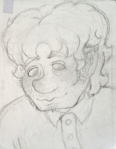 pencil sketch portrait of a the man but his face is much rounder, his hair fluffier, and his nose much larger and upturned.