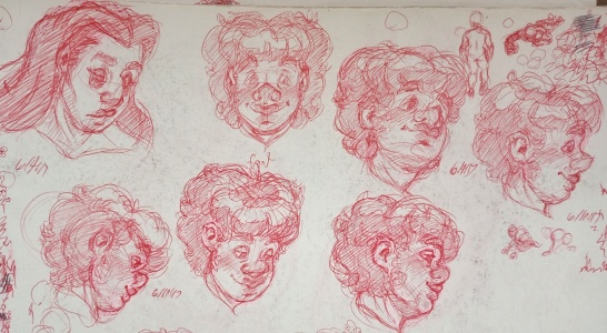 Red pen sketch of seven Mark heads and one Lazaro head.