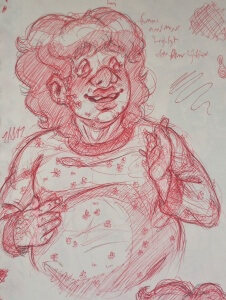 Red pen drawing of Mark excitedly talking, wearing a white sweater with little flowers on it. His torso is drawn as plainly fat by now, not just chubby.