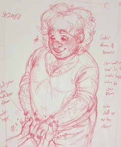 Red line pen sketch portrait of Mark holding hands with someone cut out of frame. His expression is very soft as he looks up at his partner. He is wearing a blouse with a low neckline and rolled up sleaves. Small illegible notes surround him.