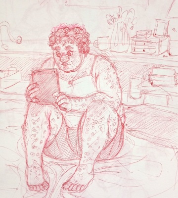 Red pen sketch of Mark sitting on his bed, hunched over a tablet with wide eyes as he reads. He is wearing comfortable sleep shorts and a white camisole with a little ribbon bow in the center of the low neckline.