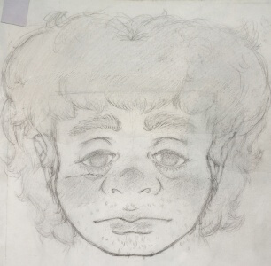 pencil portrait of Mark facing forward, his hair very fluffy, and his lips more detailed. His stubble is shorter too.