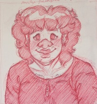 Red sketch portrait of Mark looking into the camera with a soft smile, wearing a medium toned blouse.