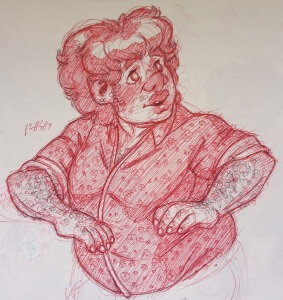 Pen drawing of Mark lifting his arms up in suprise and looking behind himself. He is wearing a medium toned dress shirt with little flowers on it, its sleaves rolled up over Marks elbows. The first few buttons are also undone.