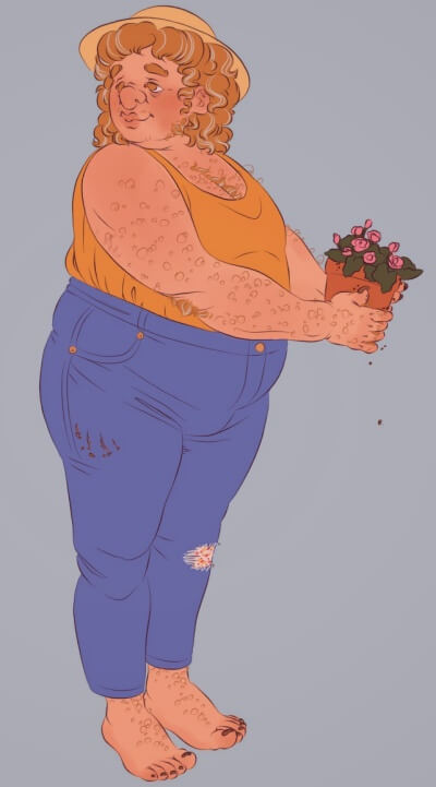 An older Mark holding a potted plant, dirt on his fingers. It is a flat colored digital drawing, where Mark is wearing a warm yellow tank top tucked into dark blue jeans. He has no shoes on and is wearing a small sunhat.