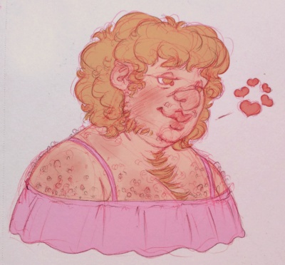 Softly colored drawing of Mark wearing a flowy pink off the shoulder top, showing his fuzzy shoulders and ruddy chest.