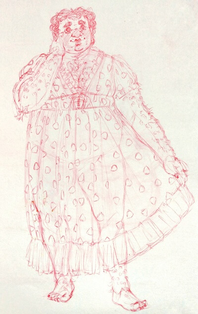 Pen sketch of Mark in a long flowy strawberry patterned dress, holding out one side of the skirt with his hand.