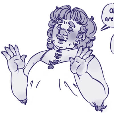 Digital lineart of Mark holding his hands up, saying something with a concerned epxression. He is wearing a tank top with a little bow in the center of the low neckline. His hands are meaty with claws, and he has tufts of hair on his elbows and chest.