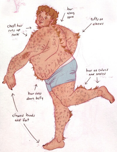 Side view of MArk in his underwear, one leg lifted up and one arm held out, so that arrows can point at his werewolf features, including hair tufts and claws.