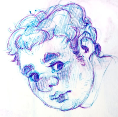 A soft blue pen sketch of a teenage Mark looking down, and uncomfortable, his cheeks flushed.