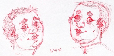 Two pen sketch headshots of Opal. One her hair is closly shaved to her head and shes wearing lipstick and earings. The other her hair is grown out and inch or two and shes bare faced.