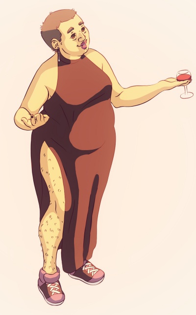 Fullbody colored digital illustration of Opal in glowy golden flat highlighting. She's wearing a black dress with a leg slit, showing her hairly legs and chunky sneakers. She's holding a glass of wine, appearing to be talking to someone.