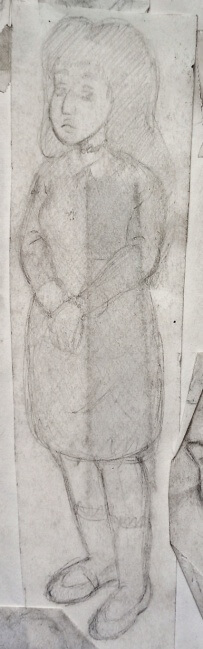 faded sketch of a woman with long hair and a disinterested expression and stiff posture.