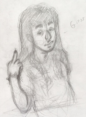 sketch of Opal holding her middle finger up at the viewer.