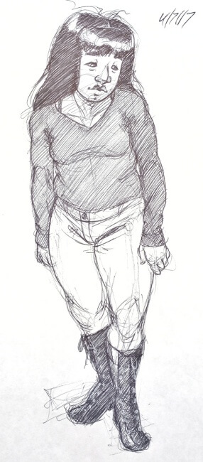 Pen sketch of Opal casually standing, looking to the floor.
