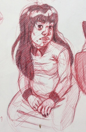 Pen sketch of Opal sitting, looking a little apprehensive.
