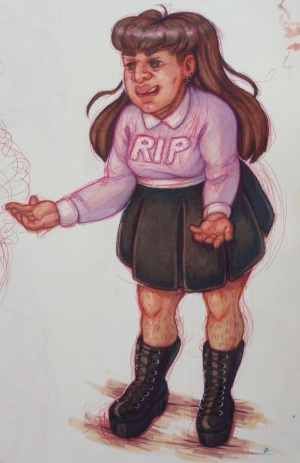 Marker colored drawing of Opal giving someone the what for. Shes wearing a pastel purple shirt with a white collar, a black pleated skirt, and black boots.